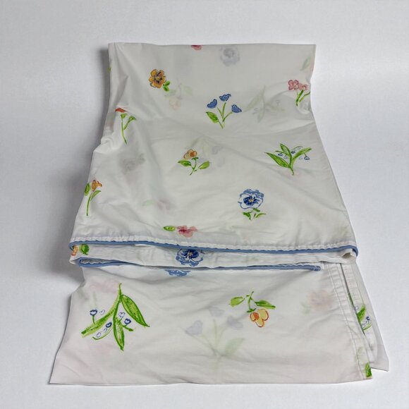 Vintage Martex Twin Flat Sheet White with Watercolor Flowers Blue Trim - Picture 2 of 5